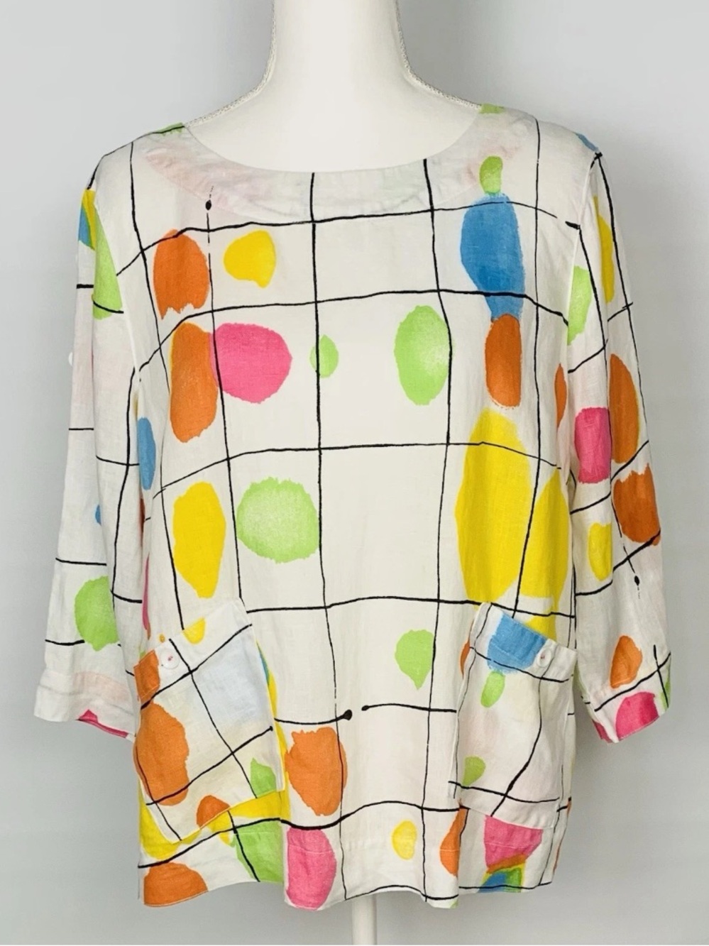 Ali Miles 100% Linen Top Pullover Rainbow Geometric Colorful Pockets Petite Grid